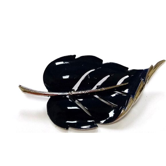 Vintage Leaf Brooch Pin In Black & Silver-Tone - Picture 7 of 10